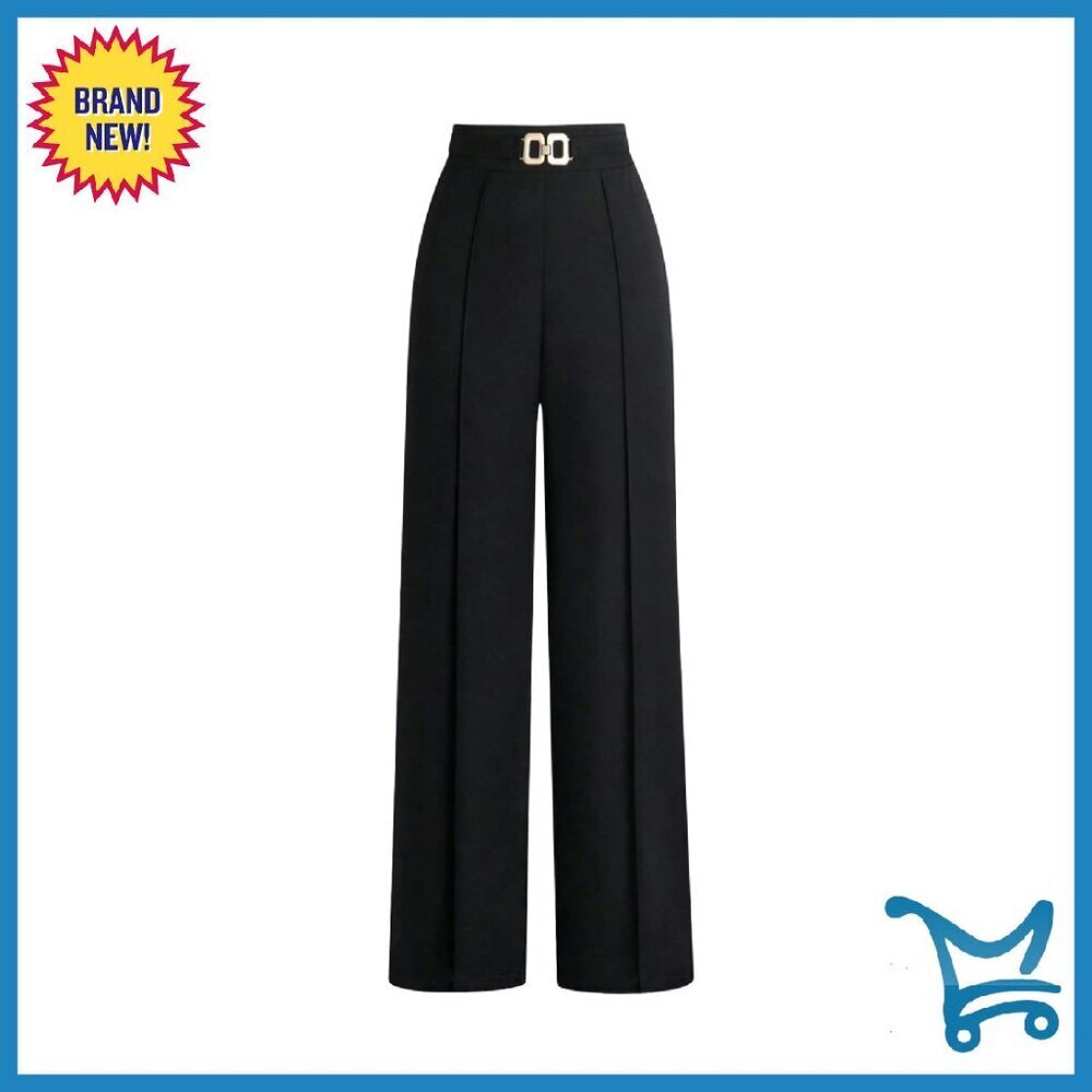 High Waisted Straight Leg Dress Pants Metal Linked Work Office Business